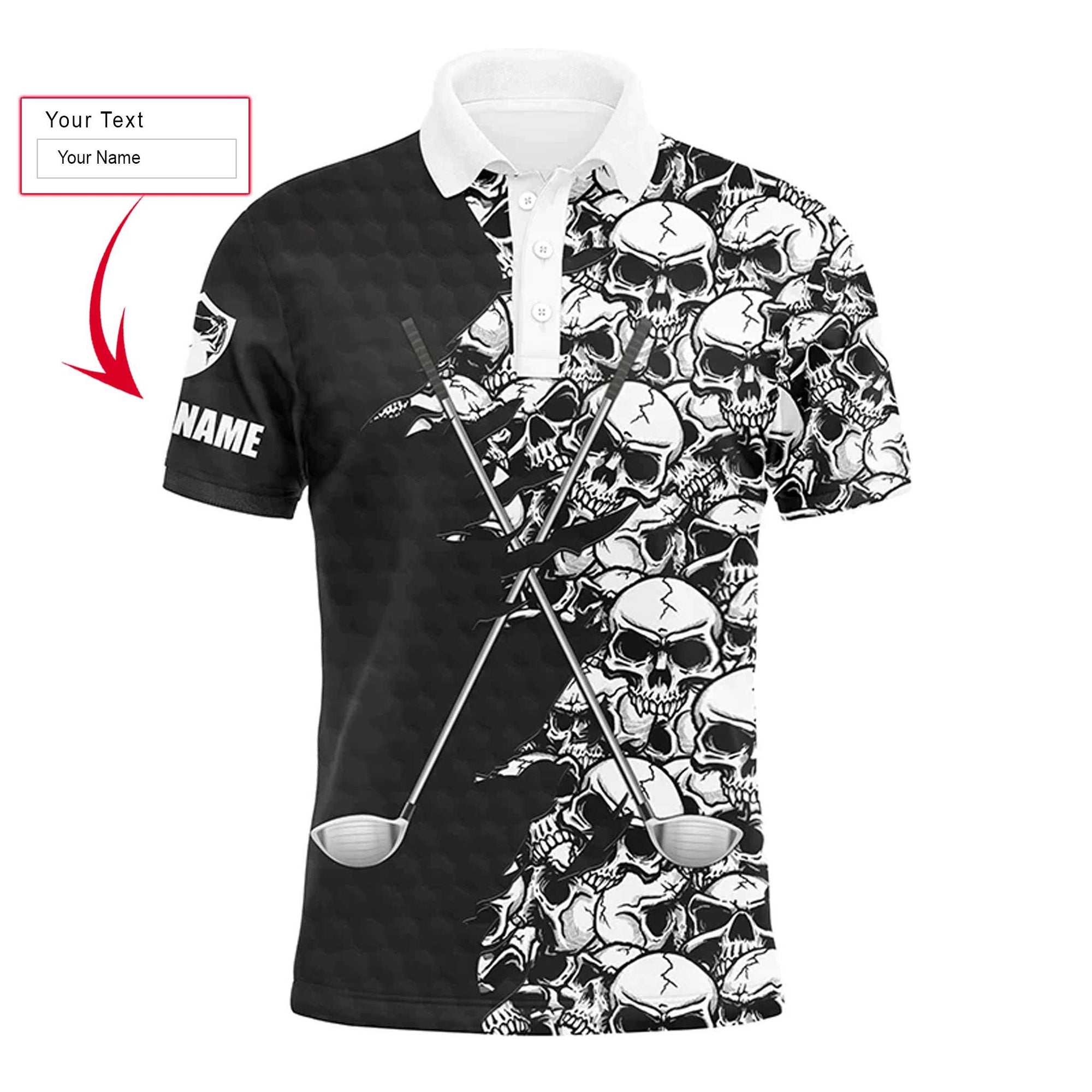 Golf Men Polo Shirt, Pattern Skull Golf Clubs Performance Custom Name Apparel - Personalized Sports Gift For Men, Husband, Boyfriend, Golf Lovers - Amzanimalsgift
