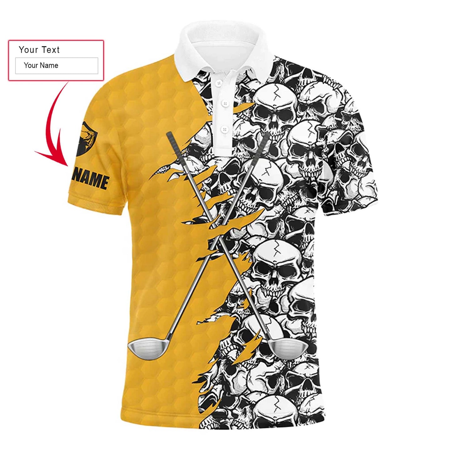 Golf Men Polo Shirt, Pattern Skull Golf Clubs Performance Custom Name Apparel - Personalized Sports Gift For Men, Husband, Boyfriend, Golf Lovers - Amzanimalsgift