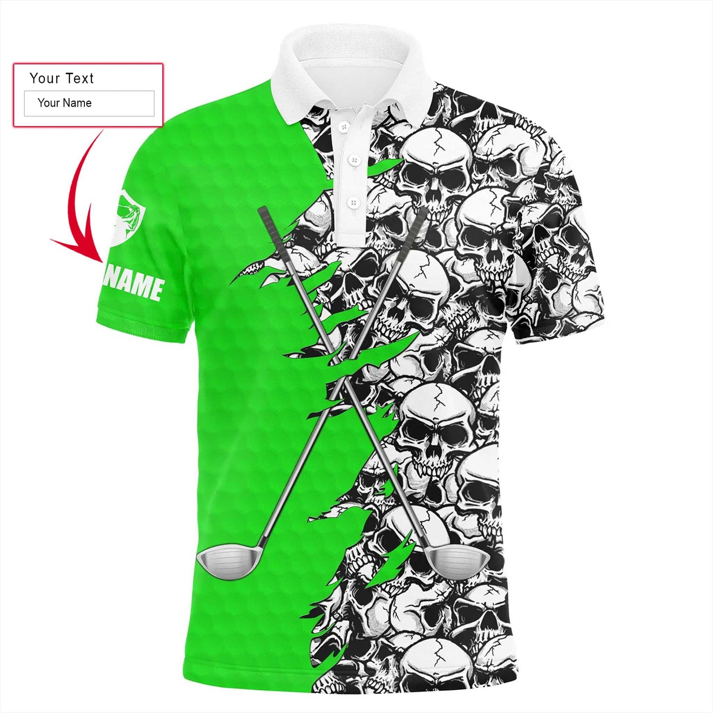 Golf Men Polo Shirt, Pattern Skull Golf Clubs Performance Custom Name Apparel - Personalized Sports Gift For Men, Husband, Boyfriend, Golf Lovers - Amzanimalsgift