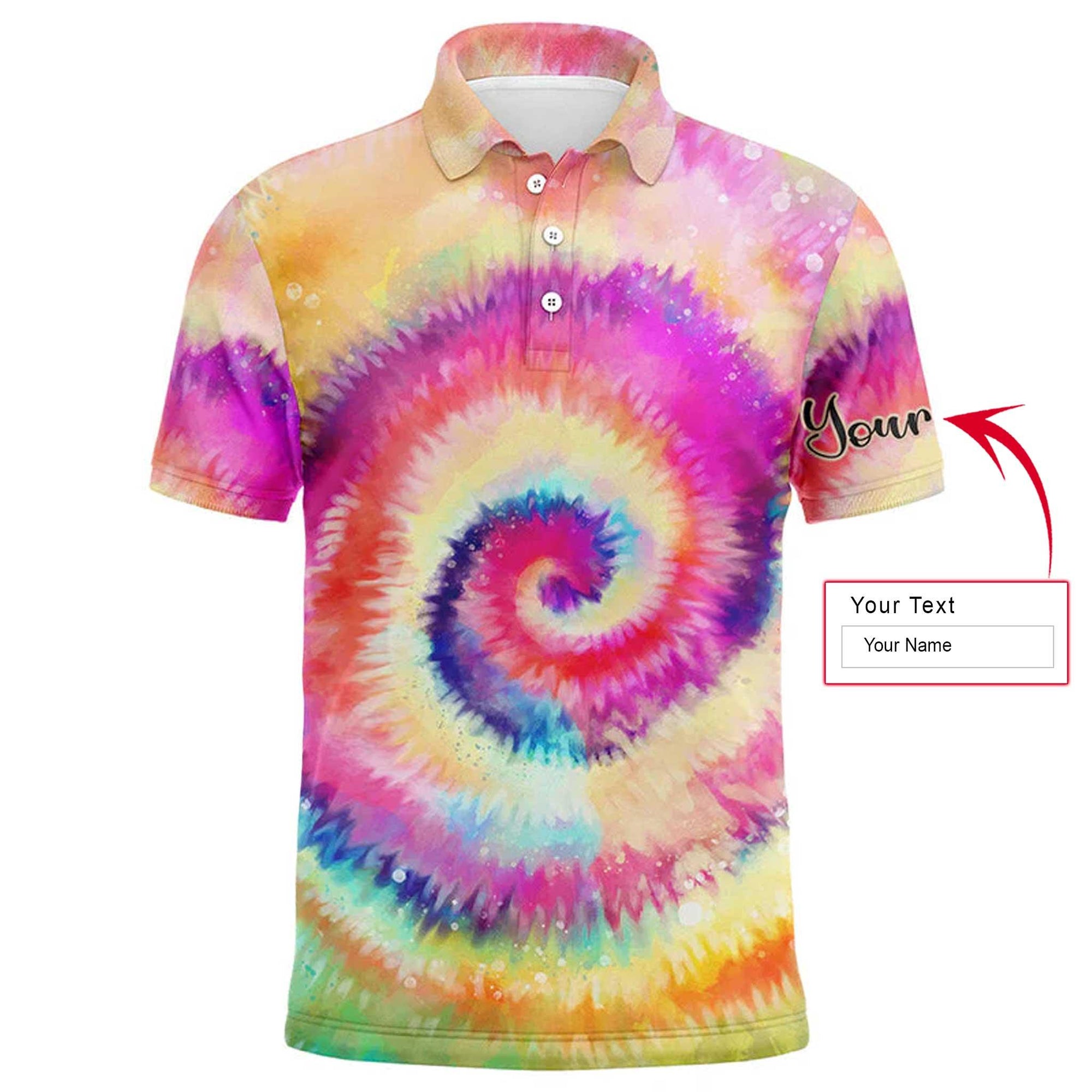 Golf Men Polo Shirt - Rainbow Tie Dye Background Custom Name Apparel - Personalized Gift For Golf Lover, Men, Dad, Team, Husband, Boyfriend - Amzanimalsgift