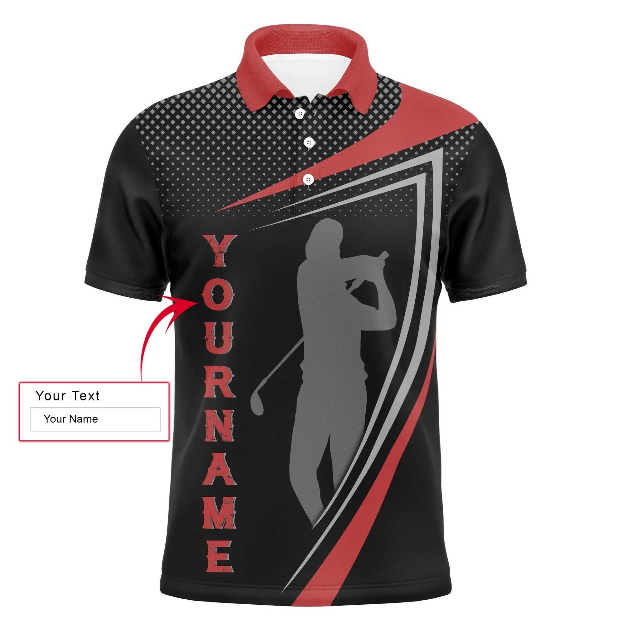 Golf Men Polo Shirt - Red And Black Golfer Silhouette Custom Name Apparel - Personalized Gift For Golf Lover, Team, Male Players, Golfer - Amzanimalsgift