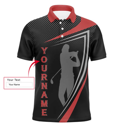 Golf Men Polo Shirt - Red And Black Golfer Silhouette Custom Name Apparel - Personalized Gift For Golf Lover, Team, Male Players, Golfer - Amzanimalsgift