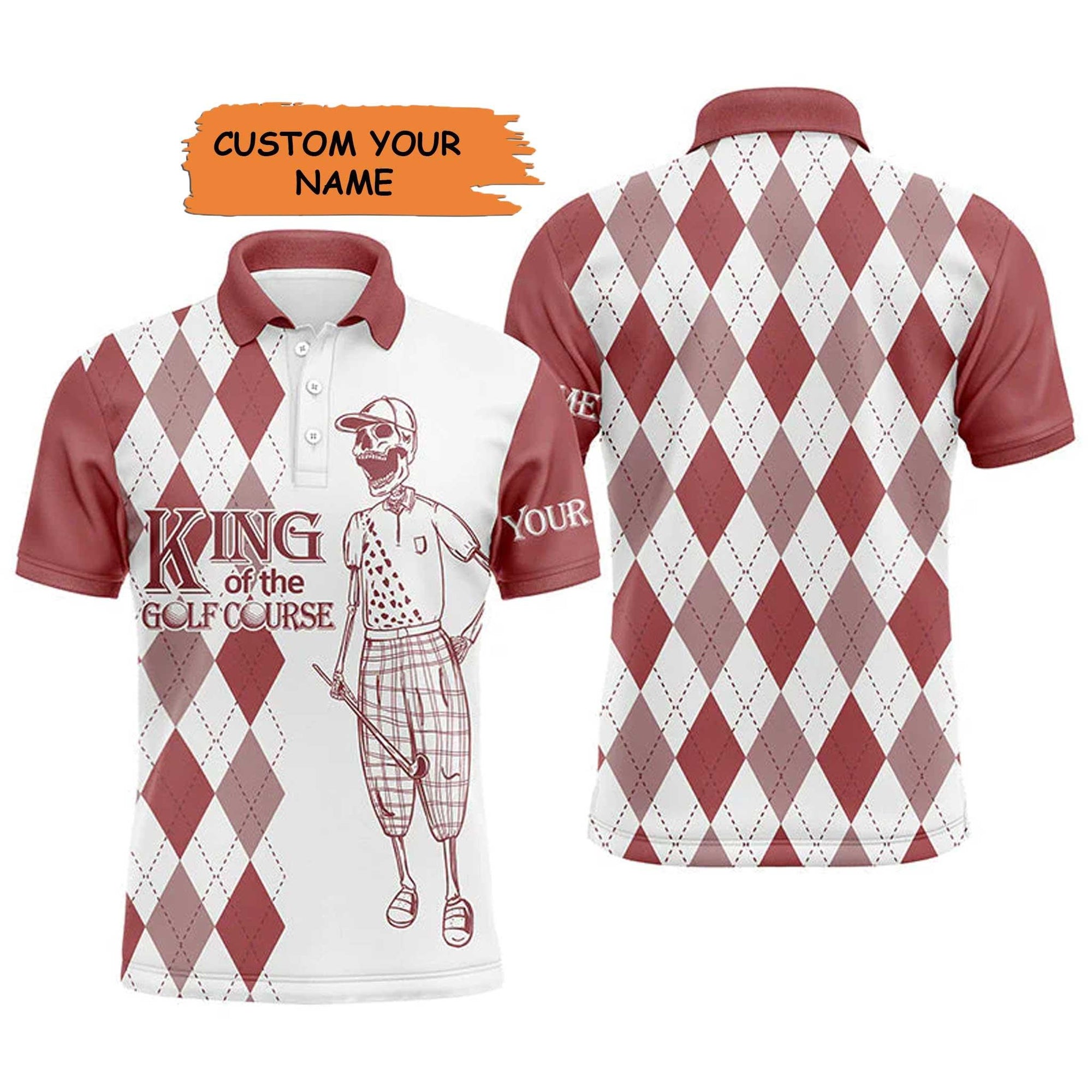 Golf Men Polo Shirt - Red And White Plaid Pattern Skull Custom Name Apparel - King Of The Golf Course - Personalized Gift For Golf Lover, Team - Amzanimalsgift