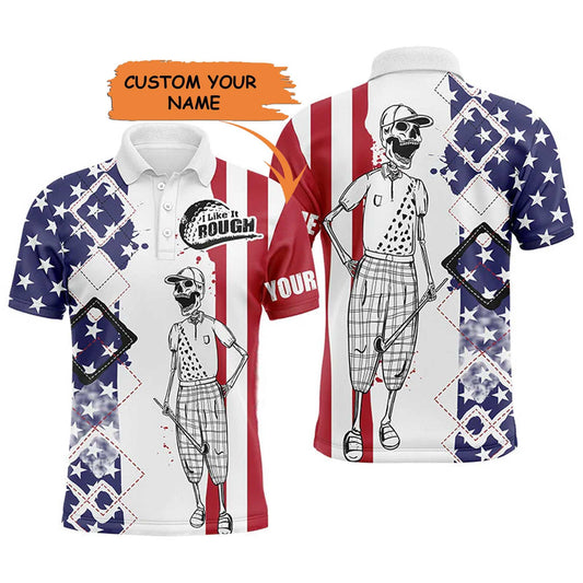 Golf Men Polo Shirt - Skull American Flag Custom Name Apparel - I Like It Rough Men Golf Polo Shirt - Personalized Gift For Golf Lover, Team, Golfers - Amzanimalsgift