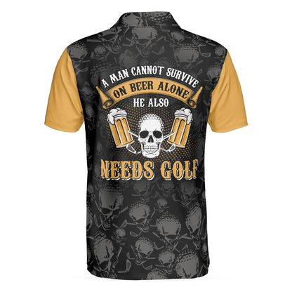 Golf Men Polo Shirt, Skull Drink Beer And Play Golf, A Man Cannot Survive On Beer Polo Shirt For Men - Gift For Golfers, Golf Lovers, Beer Lovers - Amzanimalsgift