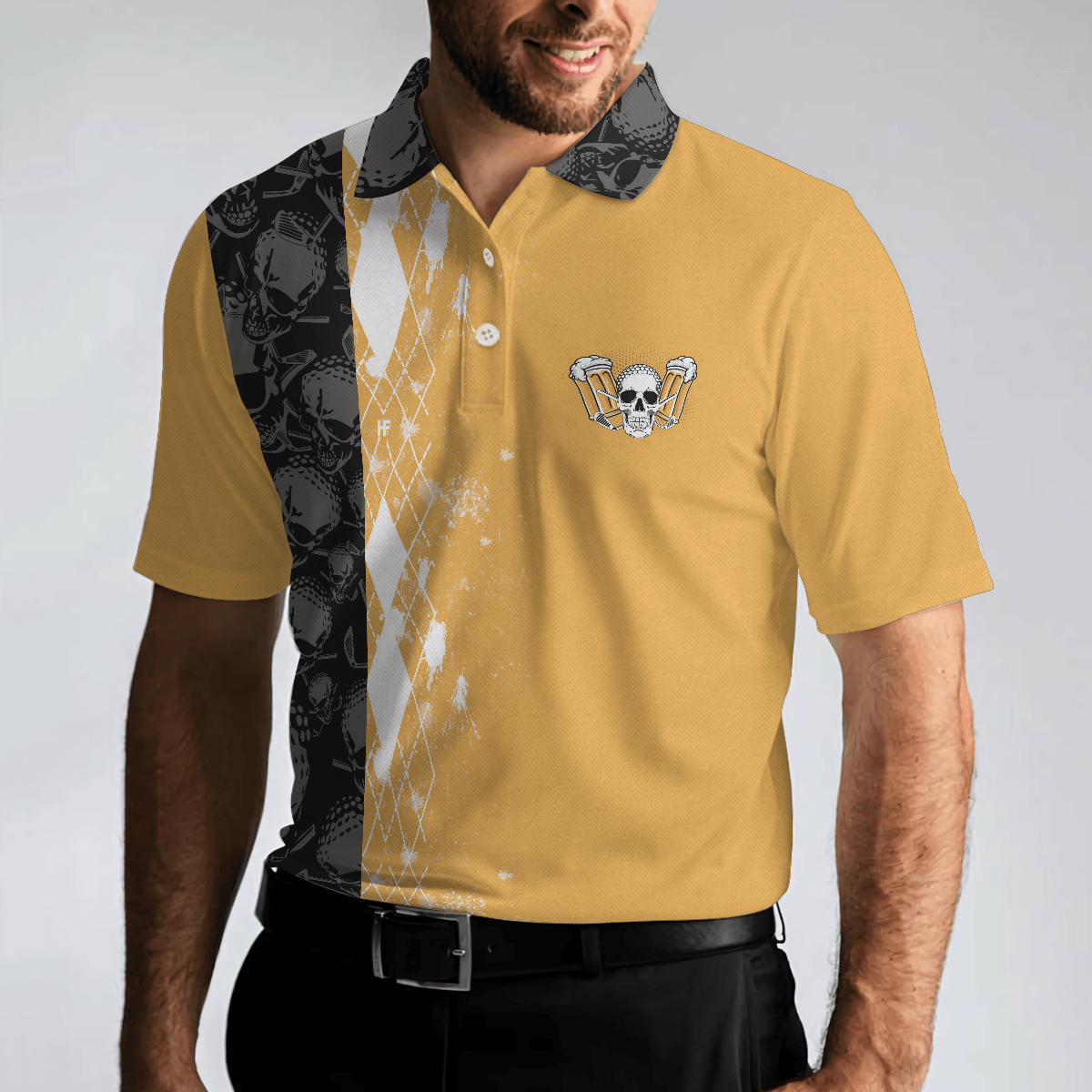 Golf Men Polo Shirt, Skull Drink Beer And Play Golf, A Man Cannot Survive On Beer Polo Shirt For Men - Gift For Golfers, Golf Lovers, Beer Lovers - Amzanimalsgift