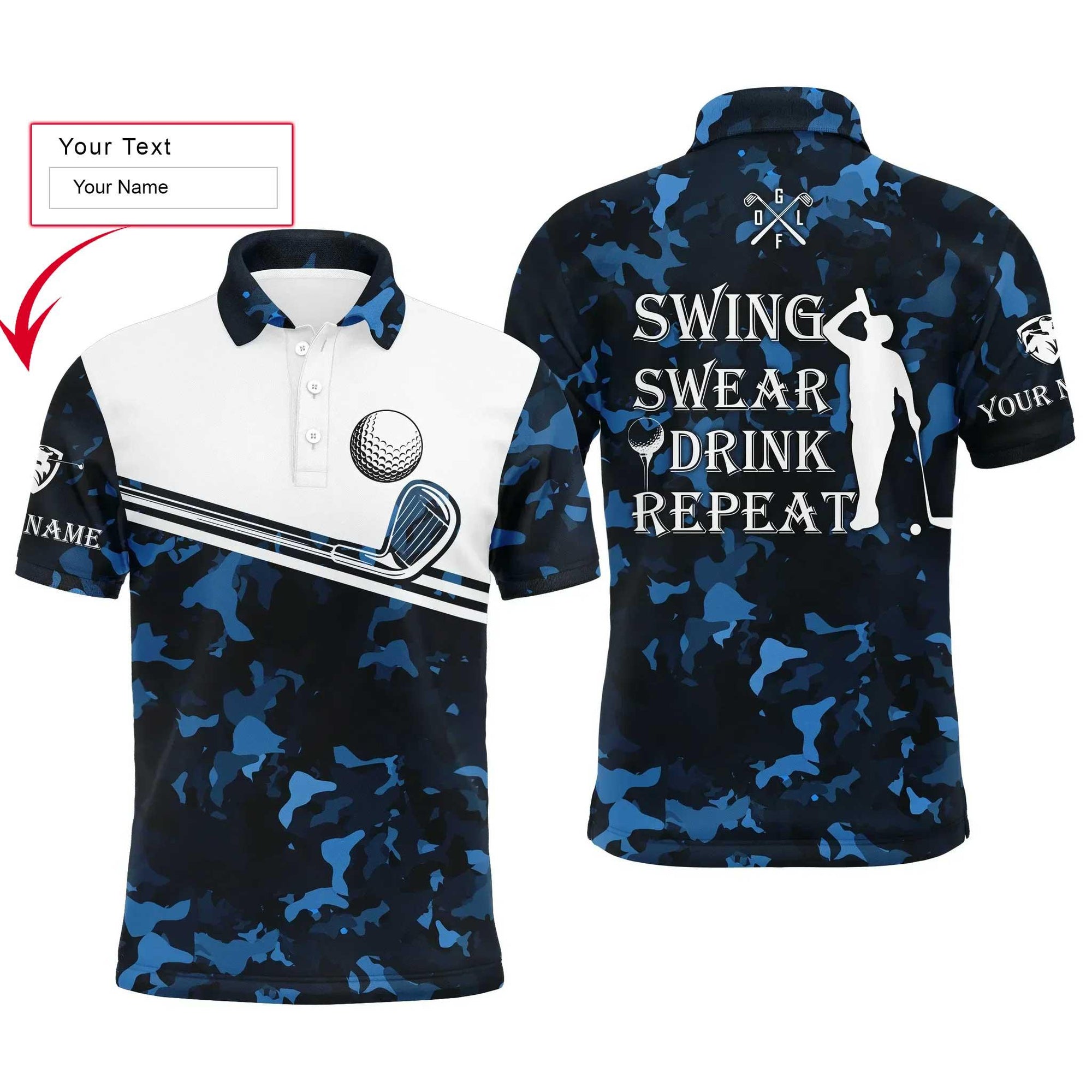 Golf Men Polo Shirt - Swing Swear Drink Repeat Custom Name Camo Pattern Apparel - Personalized Gift For Golf Lover, Team, Husband, Boyfriend, Men - Amzanimalsgift