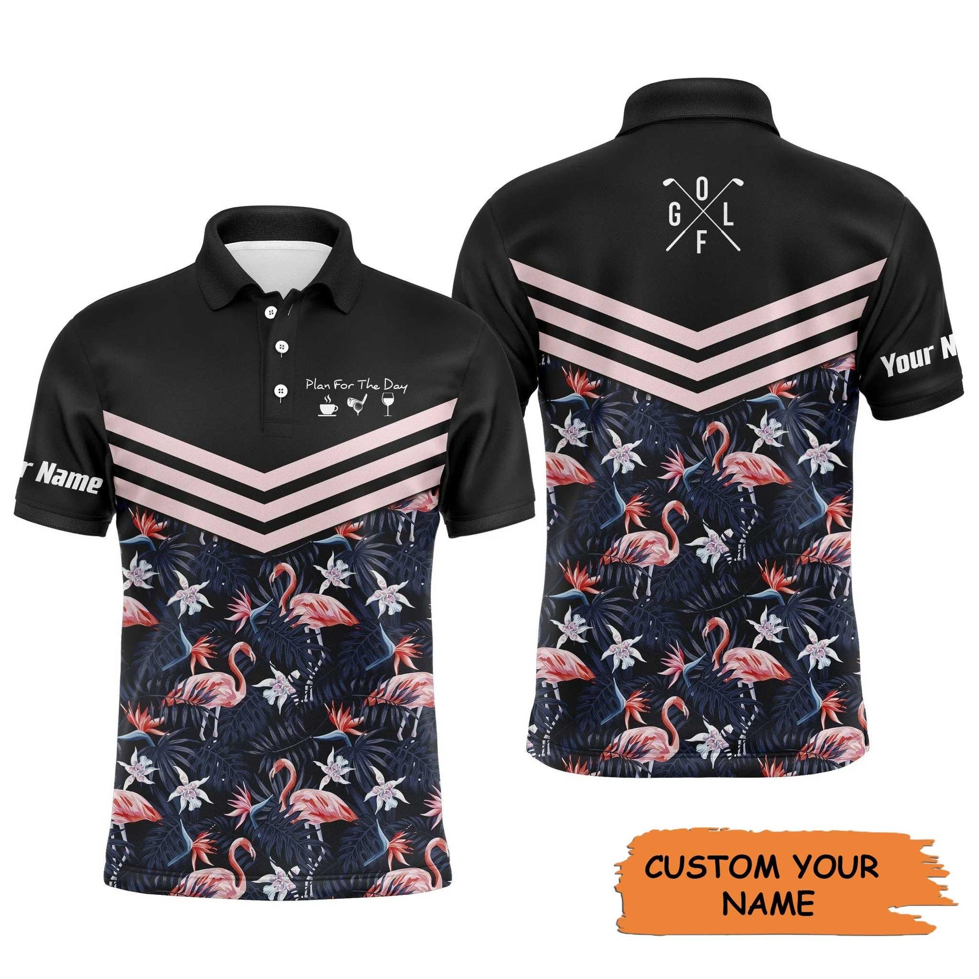 Golf Men Polo Shirt - Tropical Leaf Flamingo Pattern Custom Name Apparel - Plan For The Day Coffee Golf Wine - Personalized Gift For Golf Lover, Team - Amzanimalsgift