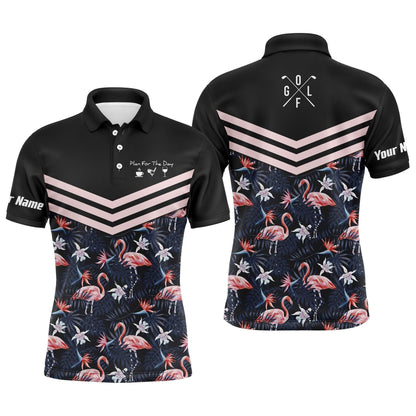 Golf Men Polo Shirt - Tropical Leaf Flamingo Pattern Custom Name Apparel - Plan For The Day Coffee Golf Wine - Personalized Gift For Golf Lover, Team - Amzanimalsgift