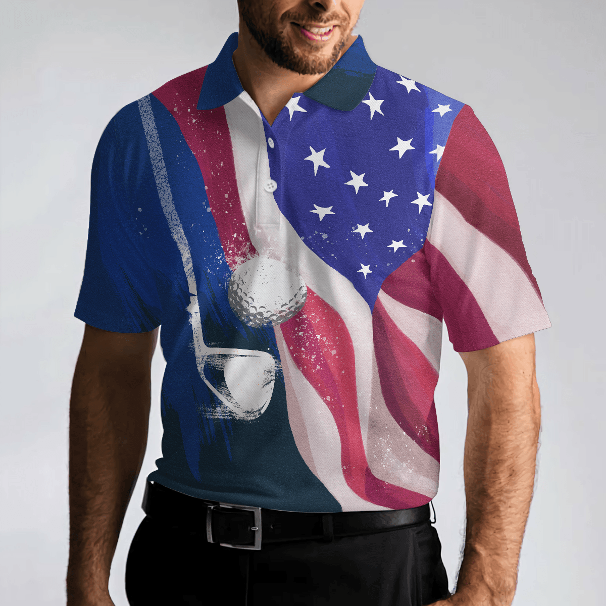 Golf Men Polo Shirt, Watercolor American Flag Short Sleeve Men Polo Shirt - Perfect Gift For Men, Golfers - Amzanimalsgift