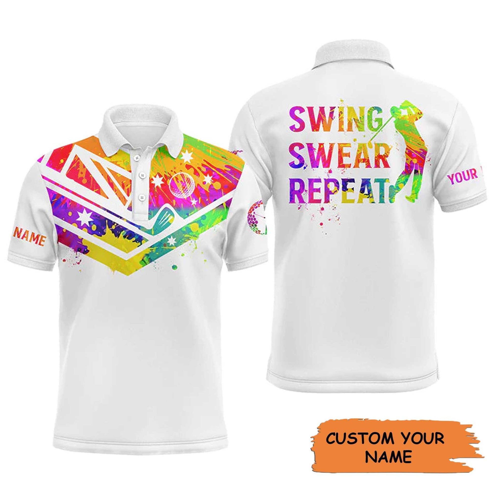 Golf Men Polo Shirt - Watercolor Australia Flag Custom Name White Apparels - Swing Swear Repeat - Personalized Gift For Golf Lover, Team, Golfer - Amzanimalsgift