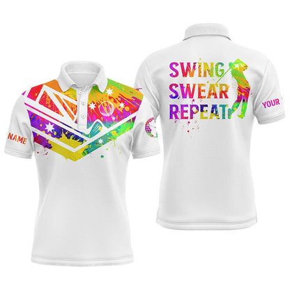 Golf Men Polo Shirt - Watercolor Australia Flag Custom Name White Apparels - Swing Swear Repeat - Personalized Gift For Golf Lover, Team, Golfer - Amzanimalsgift