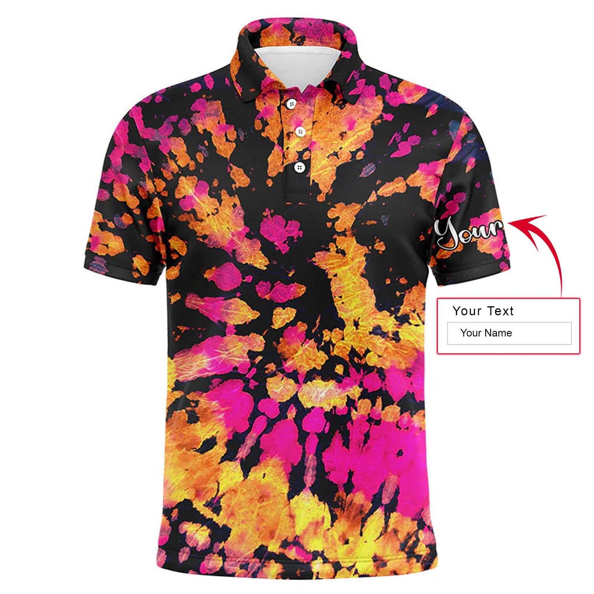 Golf Men Polo Shirt - Yellow Pink Black Tie Dye Pattern Custom Name Apparel - Personalized Gift For Golf Lover, Team, Male Players, Golfer - Amzanimalsgift