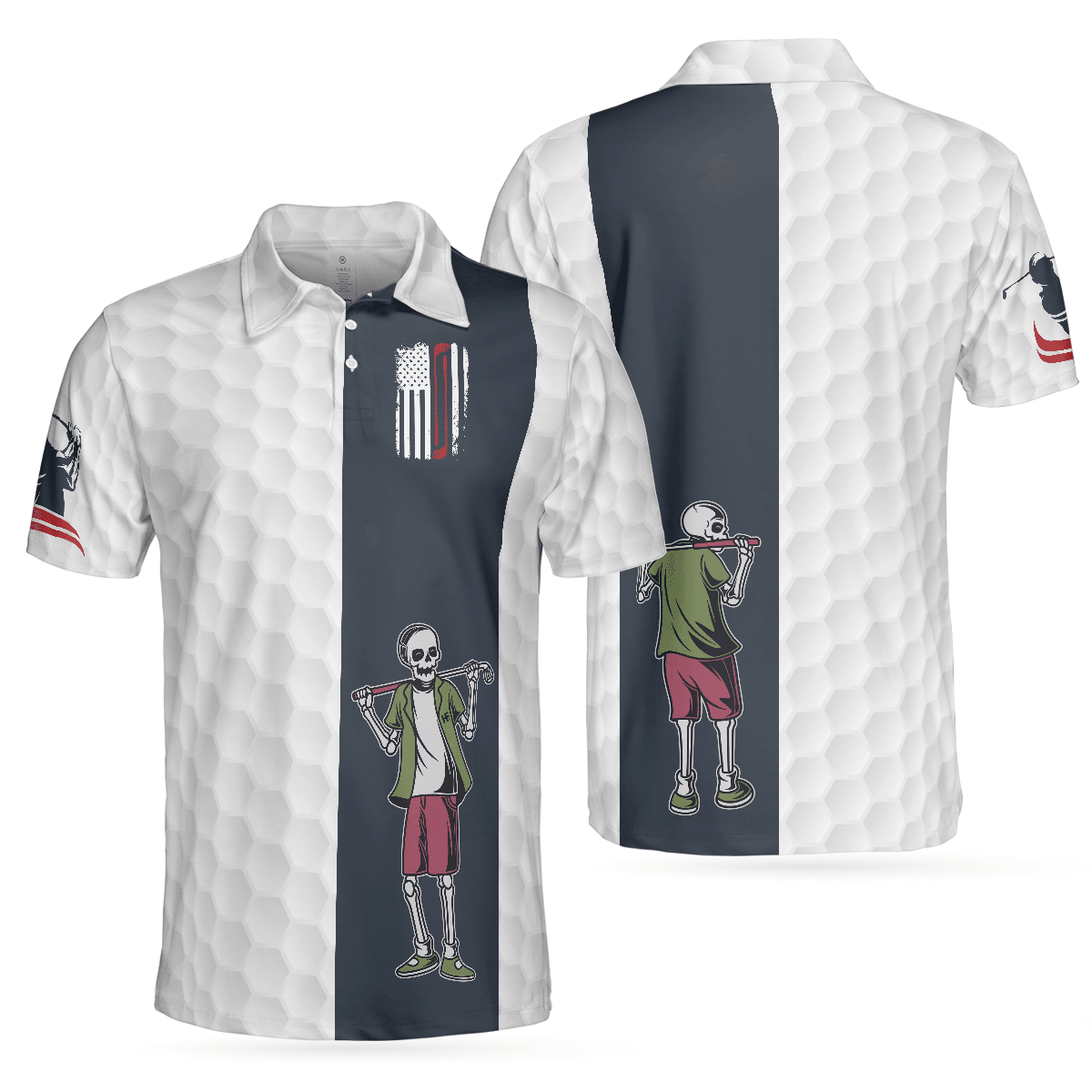 Golf Men Polo Shirt - Youngster Skeleton Golf Lover American Flag Polo Shirt, White American Flag Men Polo Shirt - Perfect Gift For Men, Golfers - Amzanimalsgift