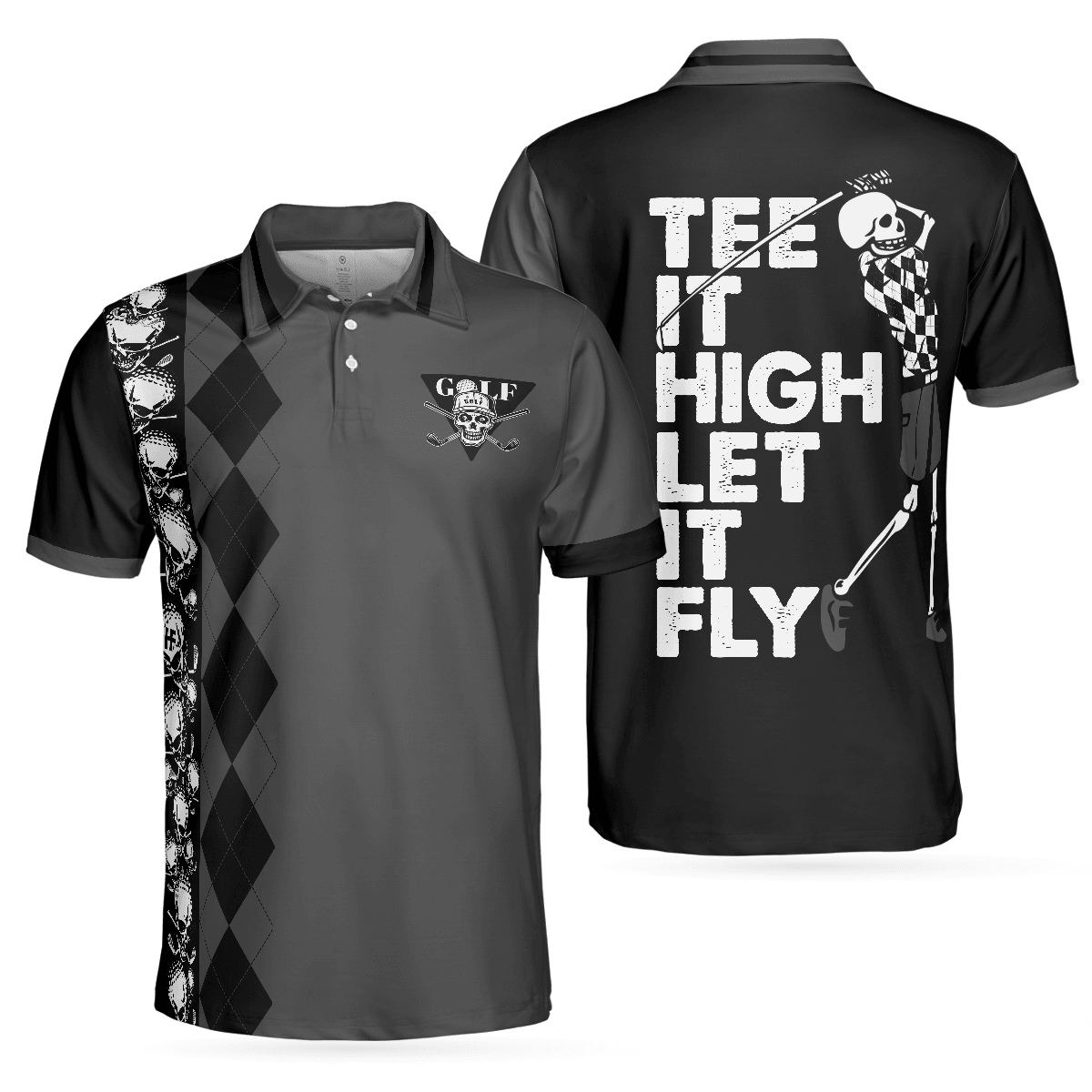 Golf Men Polo Shirts - Black Argyle Pattern Skull Play Golf Tee It High Let It Fly Men Polo Shirts - Perfect Gift For Men, Golfers, Golf Lover - Amzanimalsgift