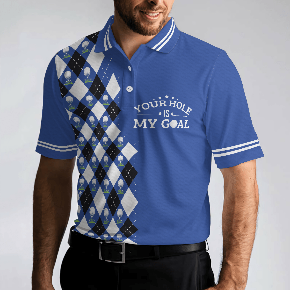 Golf Men Polo Shirts - Blue Argyle Pattern Your Hole Is My Goal Golf Polo Shirt, - Perfect Gift For Men, Golfers, Golf Lover - Amzanimalsgift
