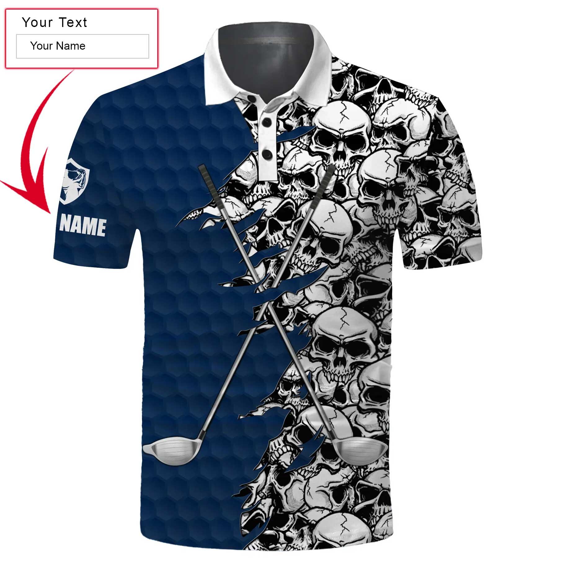 Golf Men Polo Shirts, Blue Pattern Skull golf Clubs Custom Name Golf Performance Apparel - Personalized Gift For Men, Husband, Boyfriend, Lovers - Amzanimalsgift