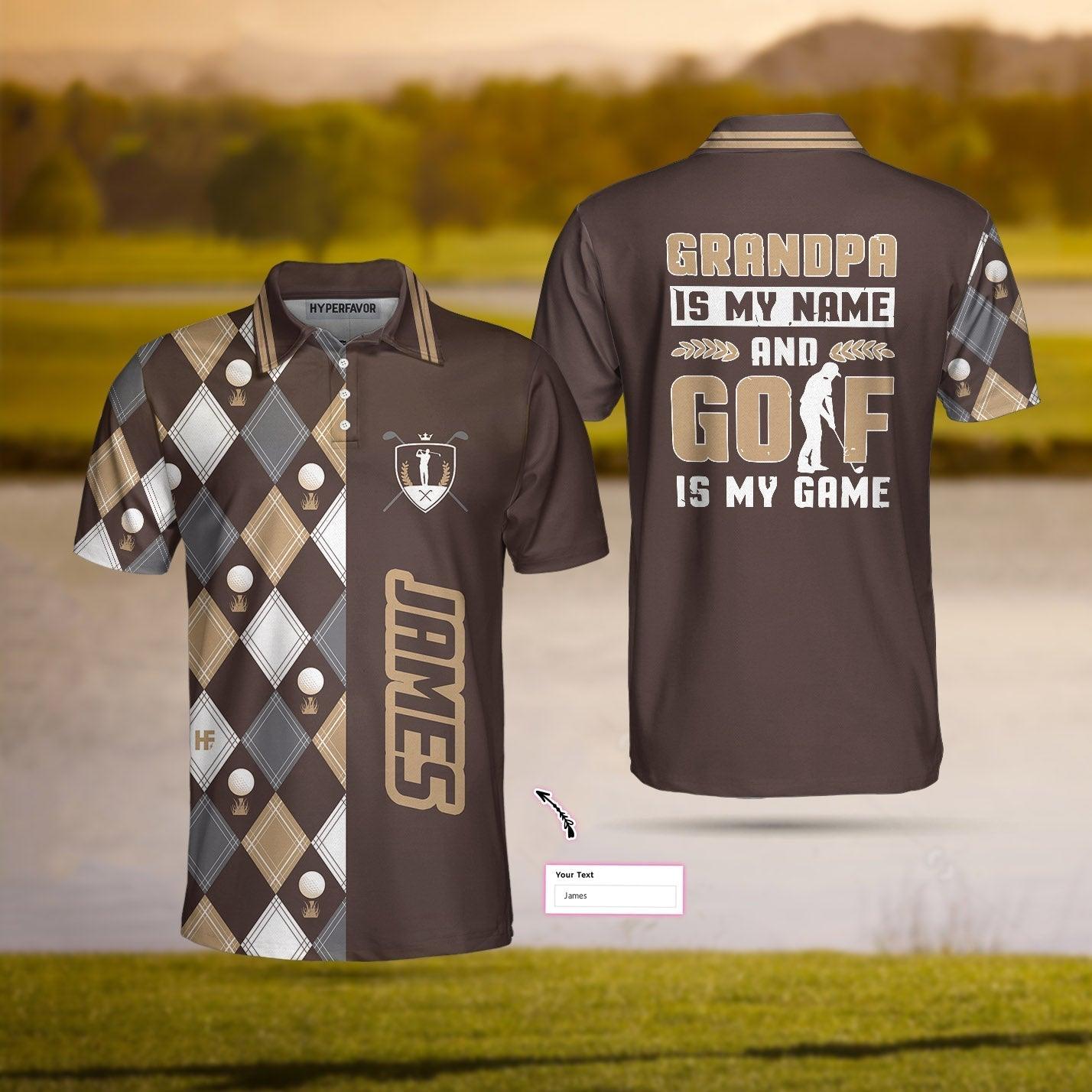 Golf Men Polo Shirts, Brown Argyle Pattern Grandpa Golf Custom Name Polo Shirts, Best Golf Polo Shirts Gift For Women for Golfer - Amzanimalsgift