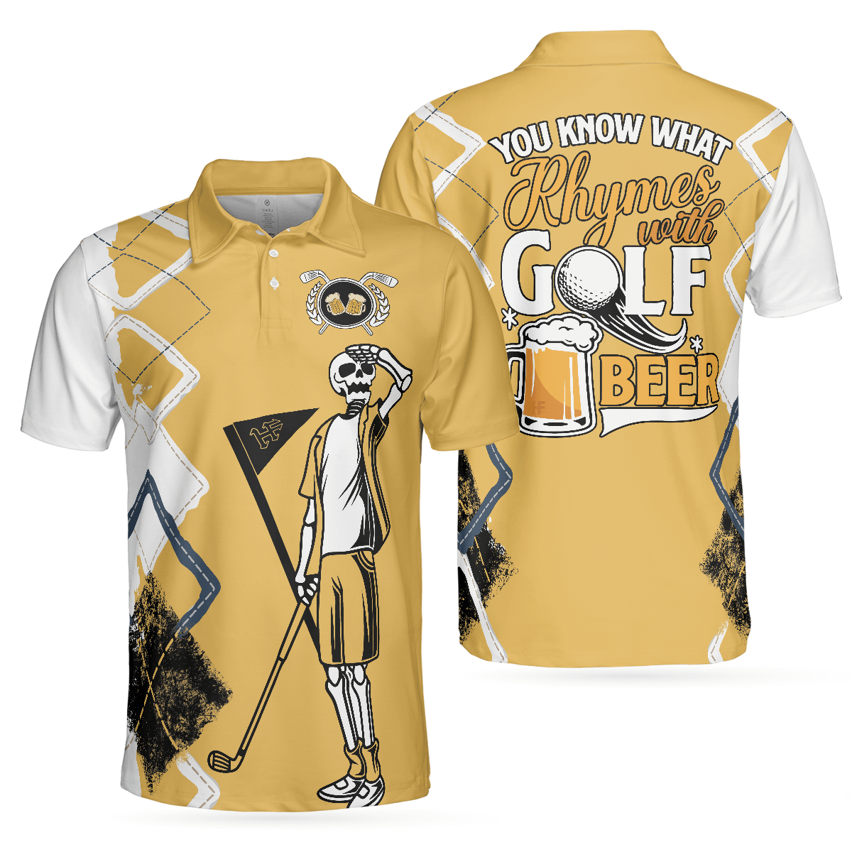 Golf Men Polo Shirts - Funny Skeleton Argyle Pattern You Know What Rhymes With Golf Beer Golf Men Polo Shirts - Perfect Gift For Men, Golfers - Amzanimalsgift