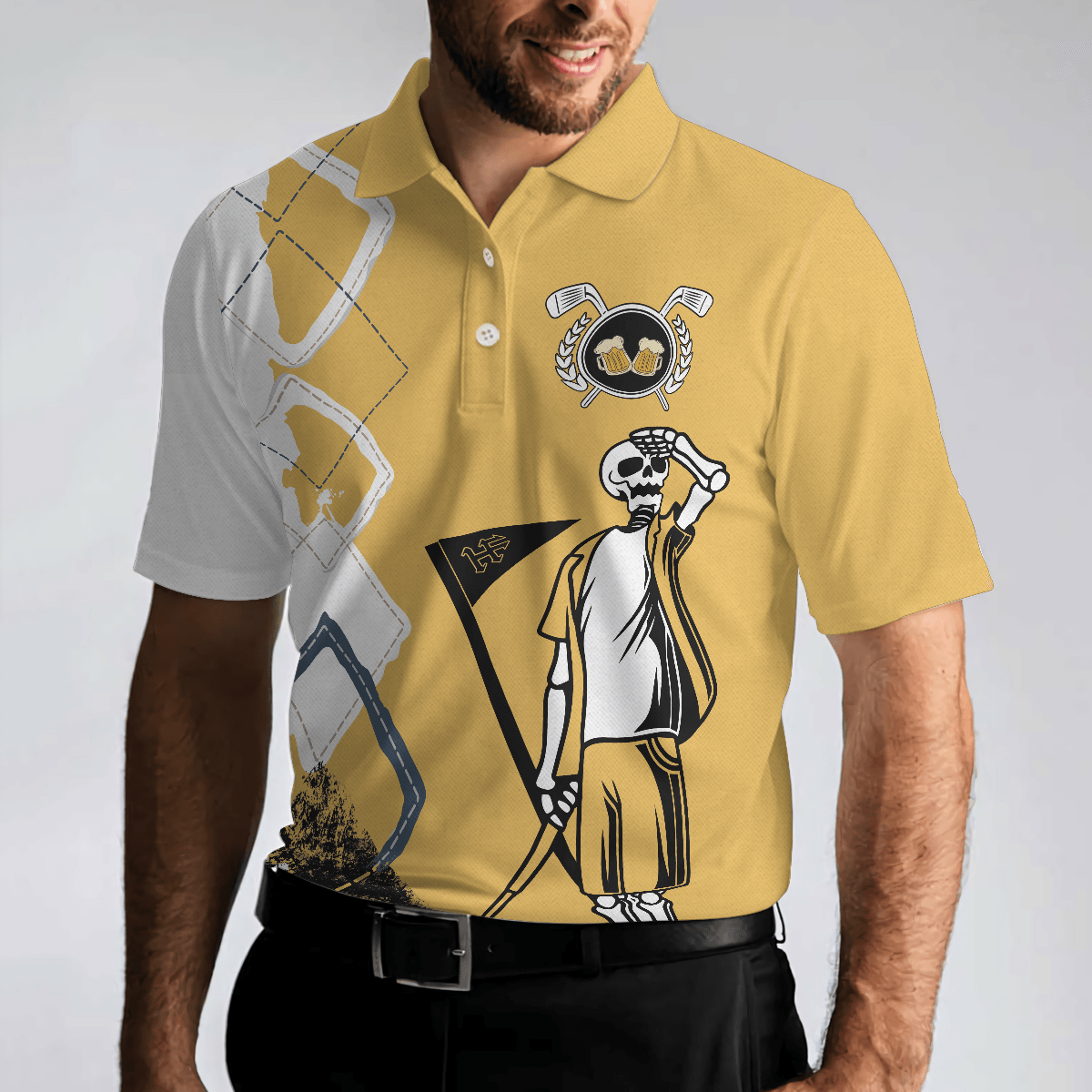 Golf Men Polo Shirts - Funny Skeleton Argyle Pattern You Know What Rhymes With Golf Beer Golf Men Polo Shirts - Perfect Gift For Men, Golfers - Amzanimalsgift