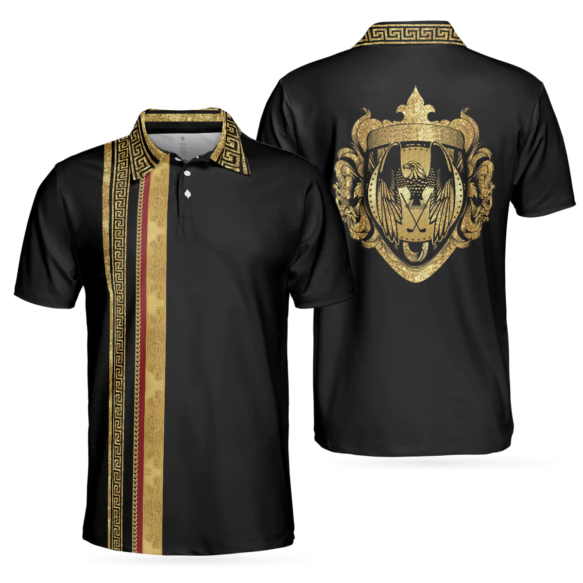 Golf Men Polo Shirts - Luxury Baroque Pattern Eagle Badge Golden Greek Key Pattern Golf Men Polo Shirts - Perfect Gift For Men, Golfers, Golf Lover - Amzanimalsgift