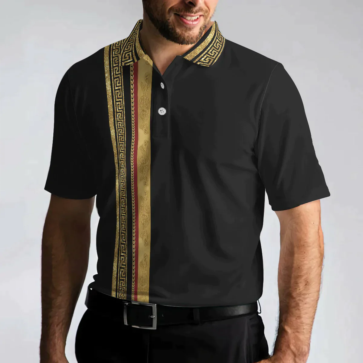Golf Men Polo Shirts - Luxury Baroque Pattern Eagle Badge Golden Greek Key Pattern Golf Men Polo Shirts - Perfect Gift For Men, Golfers, Golf Lover - Amzanimalsgift