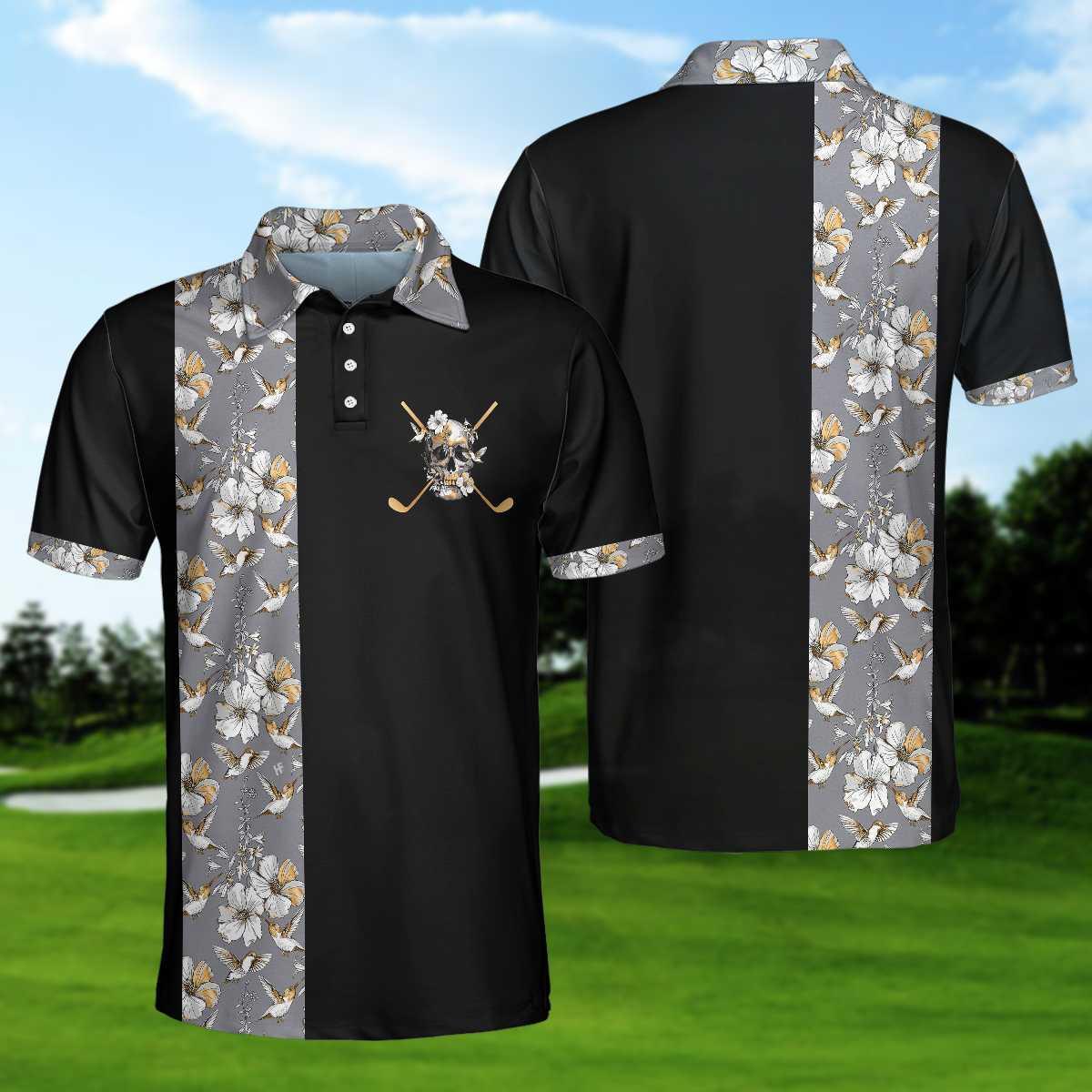 Golf Men Polo Shirts - Luxury Golden Skull, Ash Floral Pattern Black Background Men Polo Shirts - Perfect Gift For Men, Golfers, Golf Lover - Amzanimalsgift