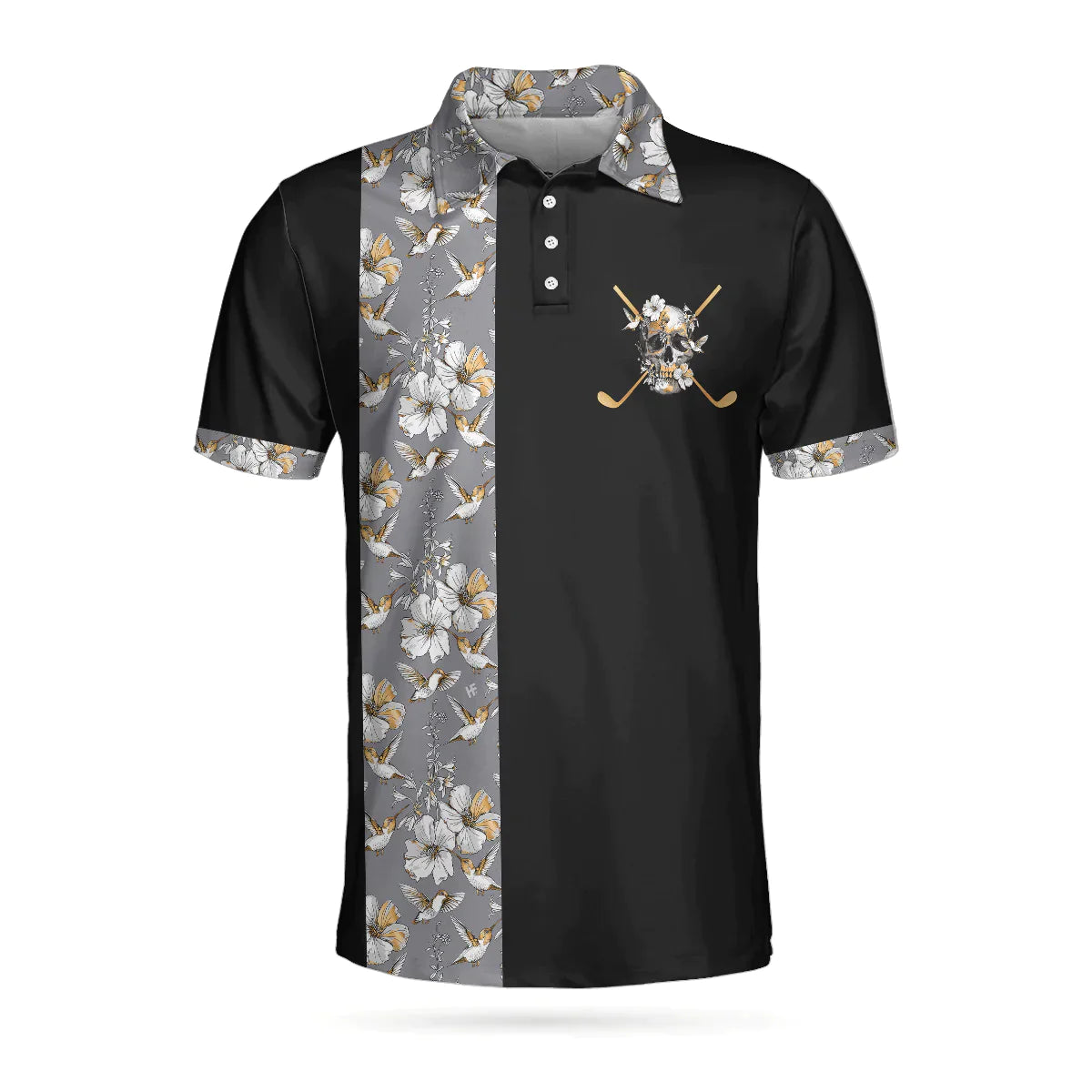 Golf Men Polo Shirts - Luxury Golden Skull, Ash Floral Pattern Black Background Men Polo Shirts - Perfect Gift For Men, Golfers, Golf Lover - Amzanimalsgift