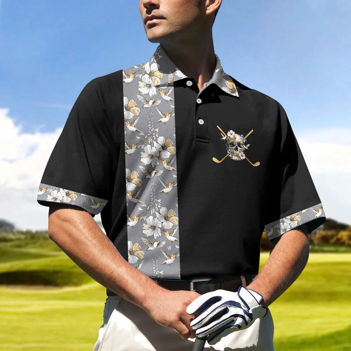 Golf Men Polo Shirts - Luxury Golden Skull, Ash Floral Pattern Black Background Men Polo Shirts - Perfect Gift For Men, Golfers, Golf Lover - Amzanimalsgift