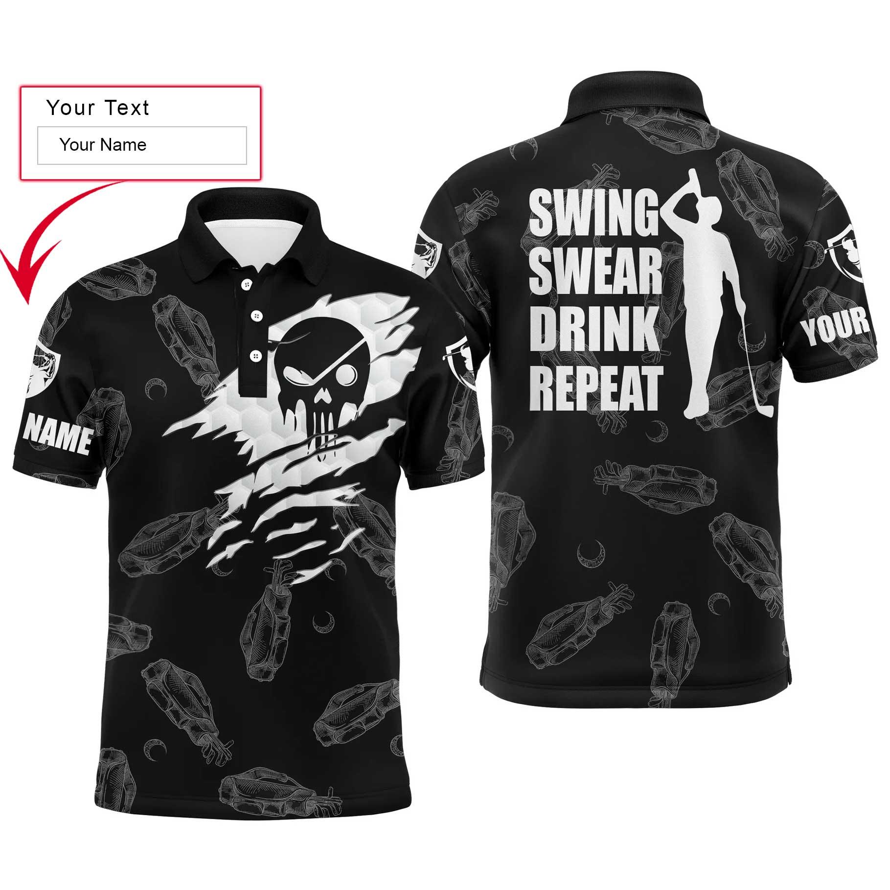 Golf Men Polo Shirts, Swing Swear Drink Repeat Custom Name Black Golf Clubs Pattern Apparel - Personalized Gift For Men, Husband, Boyfriend, Lovers - Amzanimalsgift