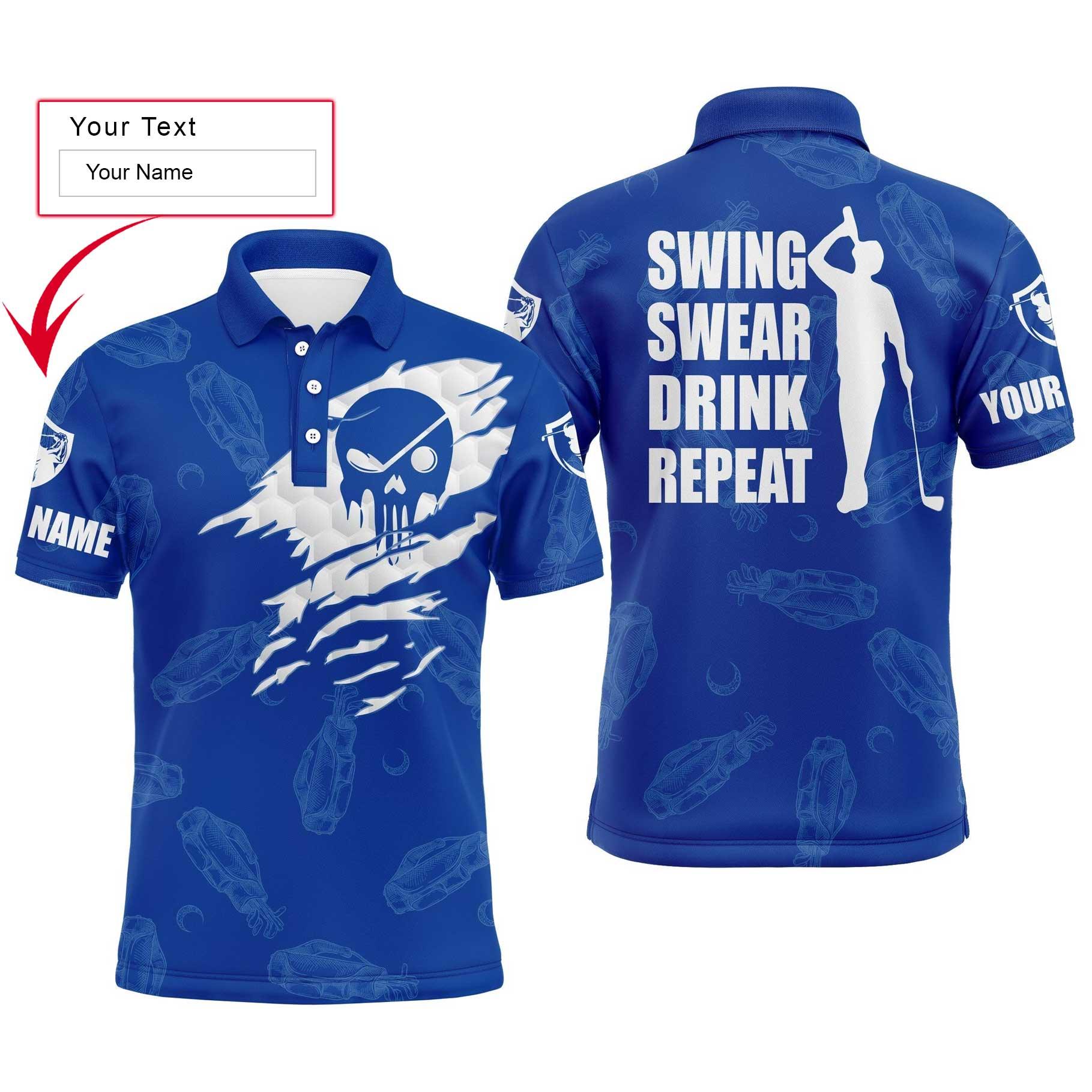 Golf Men Polo Shirts, Swing Swear Drink Repeat, Custom Name Golf Clubs Pattern Blue Apparel - Personalized Gift For Men, Husband, Boyfriend, Lovers - Amzanimalsgift