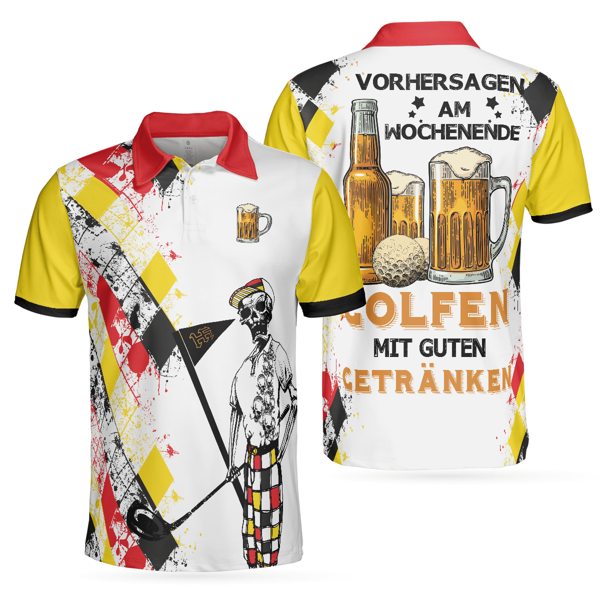 Golf Men Polo Shirts - Vorhersagen Am Wochenende German Argyle Pattern Skeleton Golfer Men Polo Shirts - Perfect Gift For Men, Golfers, Golf Lover - Amzanimalsgift