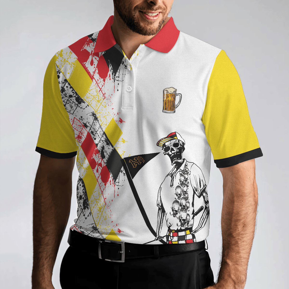 Golf Men Polo Shirts - Vorhersagen Am Wochenende German Argyle Pattern Skeleton Golfer Men Polo Shirts - Perfect Gift For Men, Golfers, Golf Lover - Amzanimalsgift