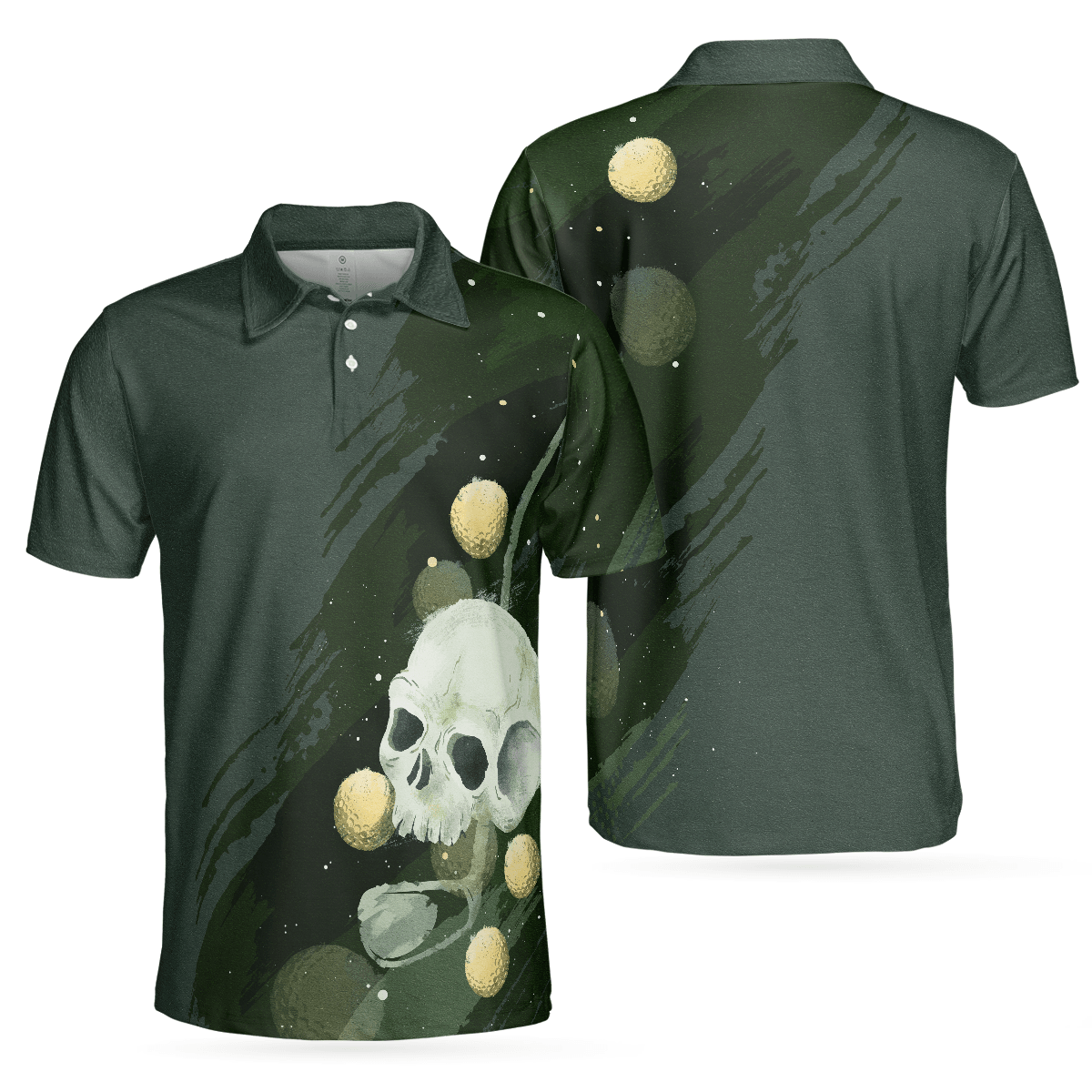 Golf Men Polo Shirts - Water Color Golf Skull With Golf Ball Dark Green Background Men Polo Shirts - Perfect Gift For Men, Golfers, Golf Lover - Amzanimalsgift