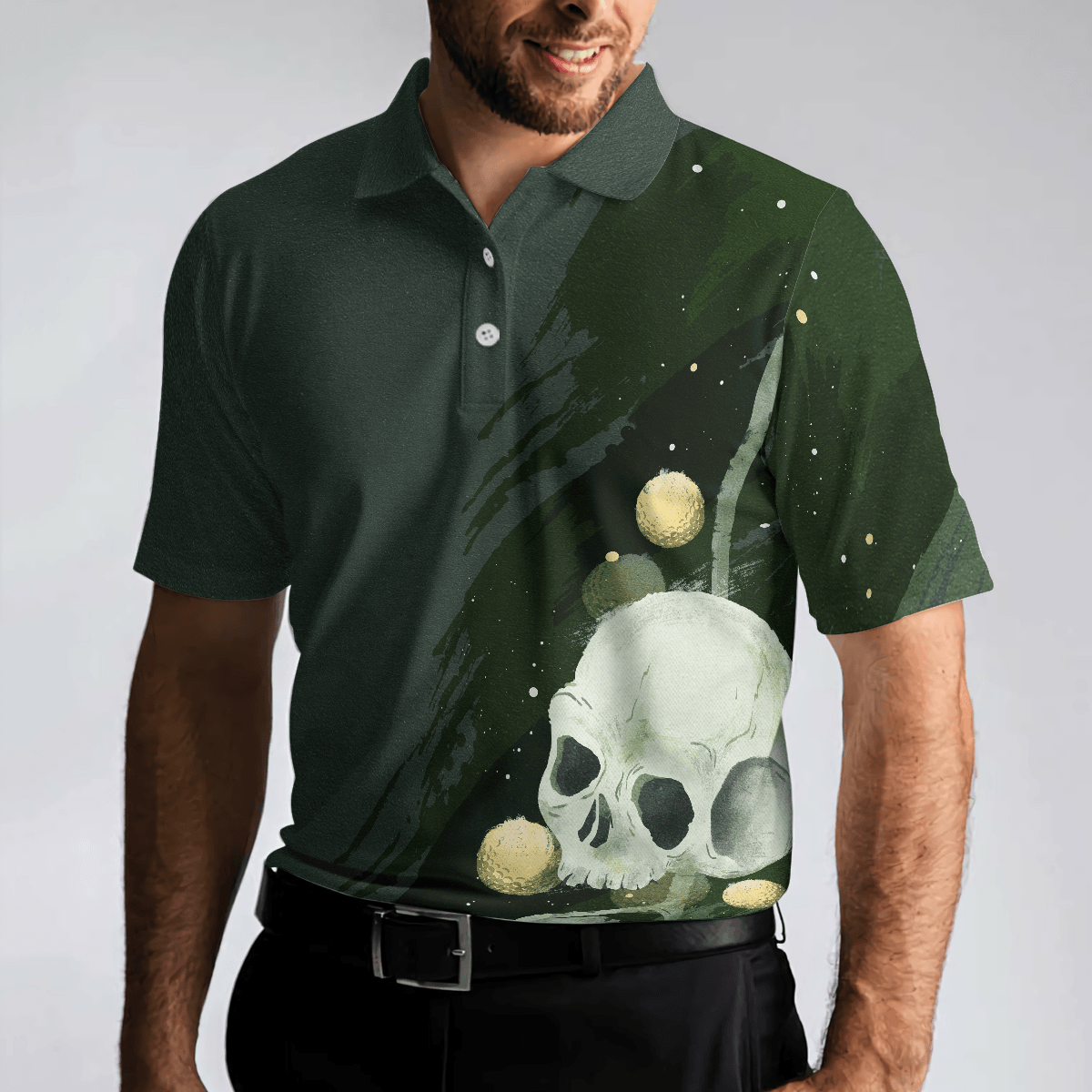 Golf Men Polo Shirts - Water Color Golf Skull With Golf Ball Dark Green Background Men Polo Shirts - Perfect Gift For Men, Golfers, Golf Lover - Amzanimalsgift