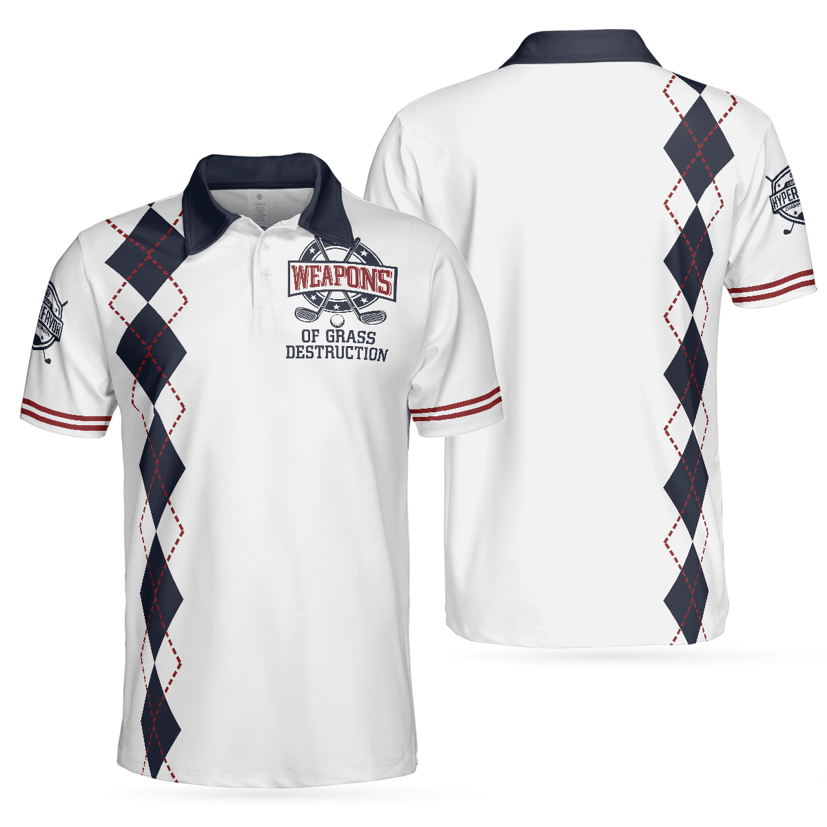 Golf Men Polo Shirts - Weapons Of Grass Destruction White And Navy Argyle Pattern Men Polo Shirts - Perfect Gift For Men, Golfers, Golf Lover - Amzanimalsgift