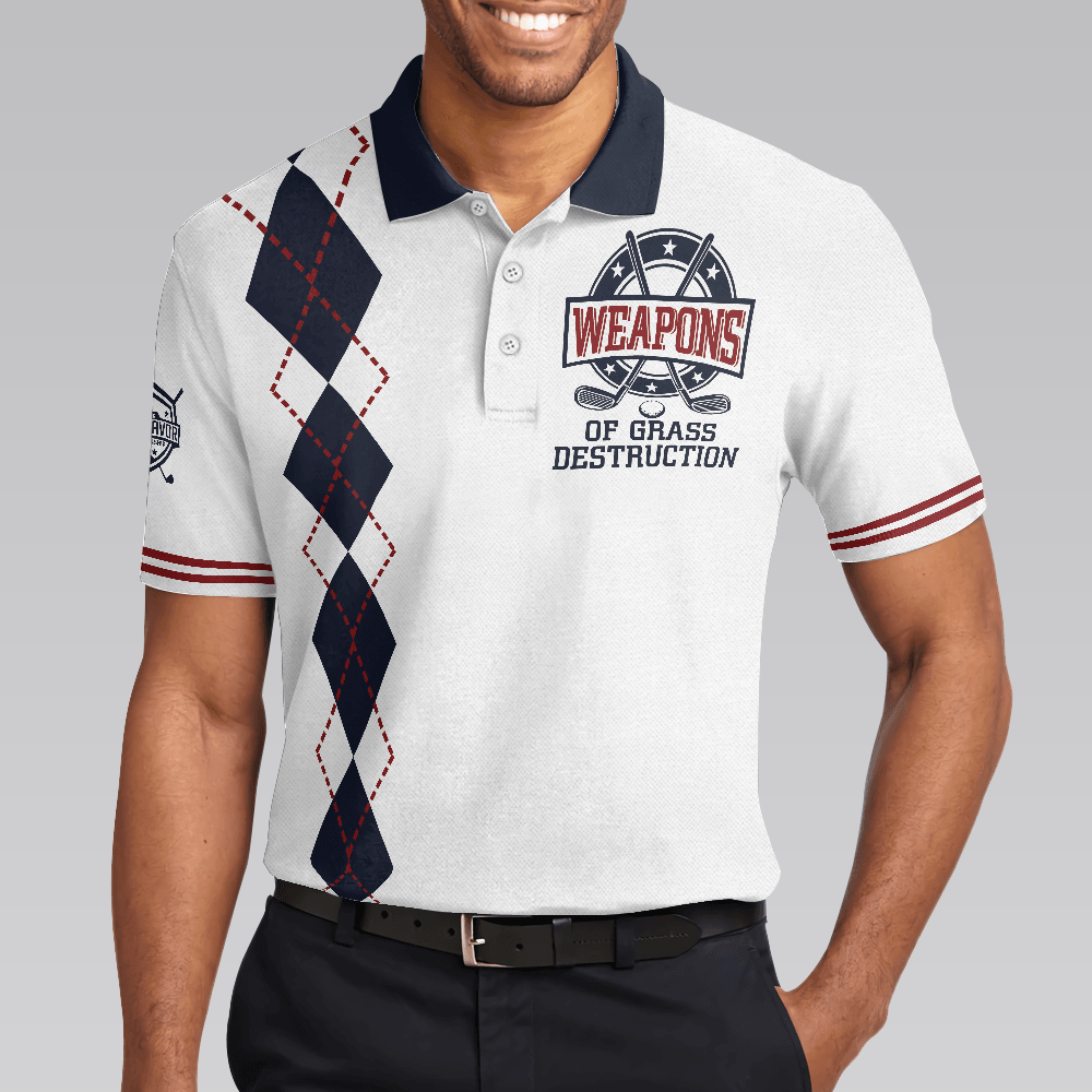 Golf Men Polo Shirts - Weapons Of Grass Destruction White And Navy Argyle Pattern Men Polo Shirts - Perfect Gift For Men, Golfers, Golf Lover - Amzanimalsgift