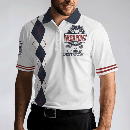 Golf Men Polo Shirts - Weapons Of Grass Destruction White And Navy Argyle Pattern Men Polo Shirts - Perfect Gift For Men, Golfers, Golf Lover - Amzanimalsgift