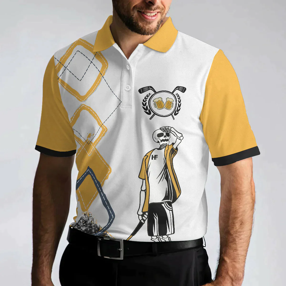 Golf Men Polo Shirts - White And Yellow Argyle Pattern Just Another Beer Drinker With A Golfing Problem Men Polo Shirts- Perfect Gift For Men, Golfers - Amzanimalsgift