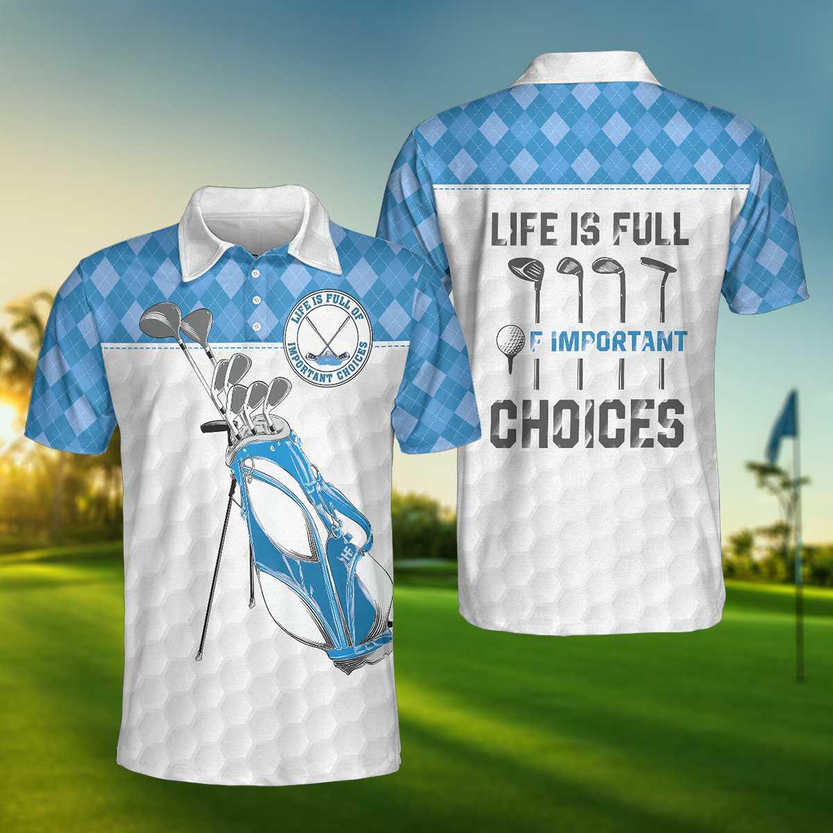 Golf Men Polo Shirts - White Golf Texture Blue Argyle Pattern Life Is Full Of Important Choices Men Polo Shirts - Perfect Gift For Men, Golfers - Amzanimalsgift