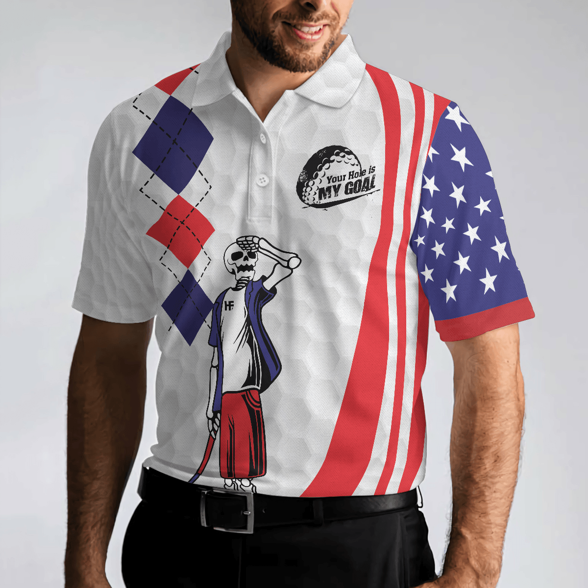 Golf Men Polo Shirts - Your Hole Is My Goal Golf Texture Argyle Pattern USA Flag Men Polo Shirts - Perfect Gift For Men, Golfers, Golf Lover - Amzanimalsgift