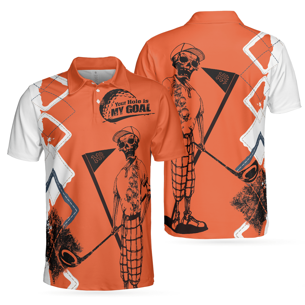 Golf Men Polo Shirts - Your Hole Is My Goal Orange Argyle Pattern Skeleton Golfer Men Polo Shirt - Perfect Gift For Men, Golfers, Golf Lover - Amzanimalsgift