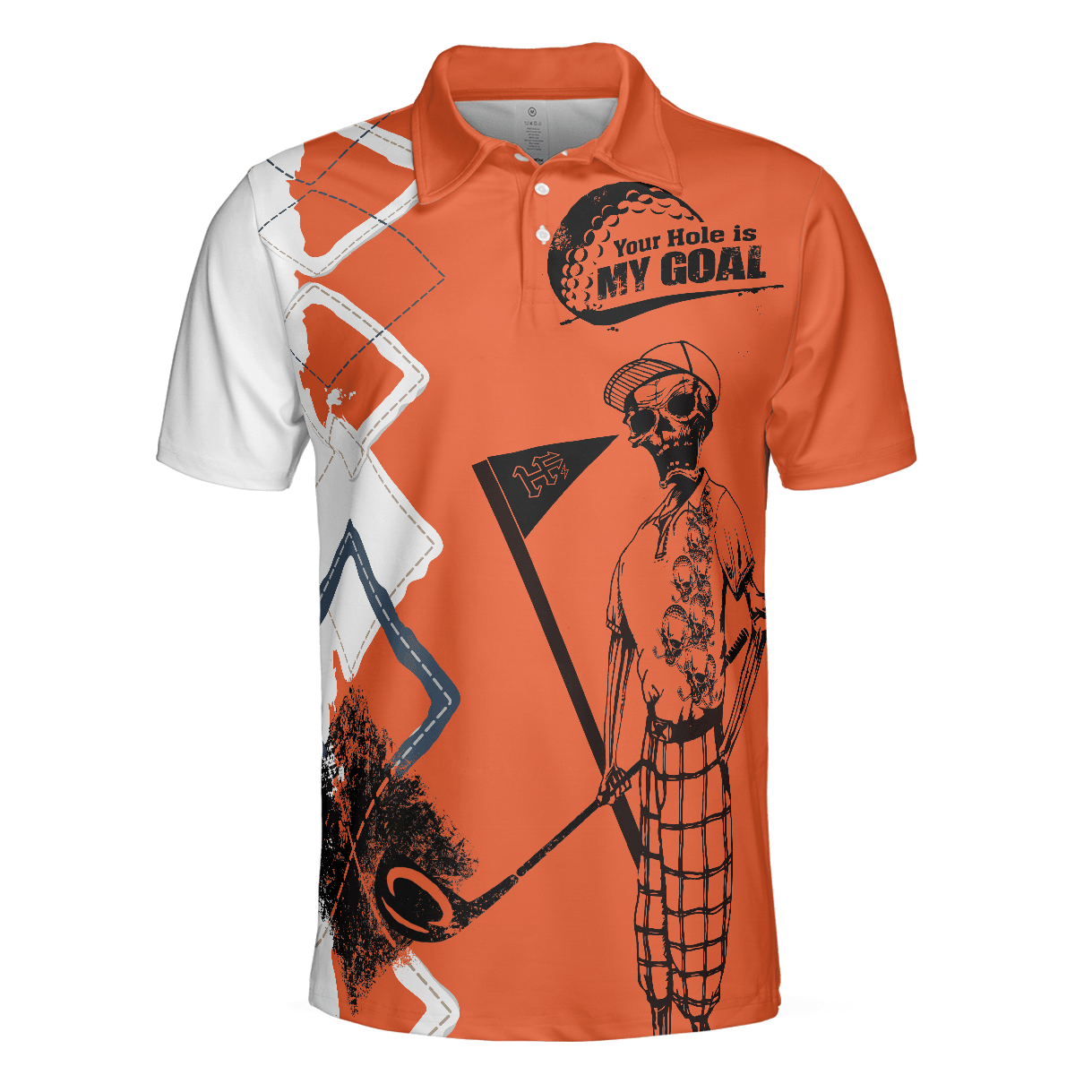 Golf Men Polo Shirts - Your Hole Is My Goal Orange Argyle Pattern Skeleton Golfer Men Polo Shirt - Perfect Gift For Men, Golfers, Golf Lover - Amzanimalsgift