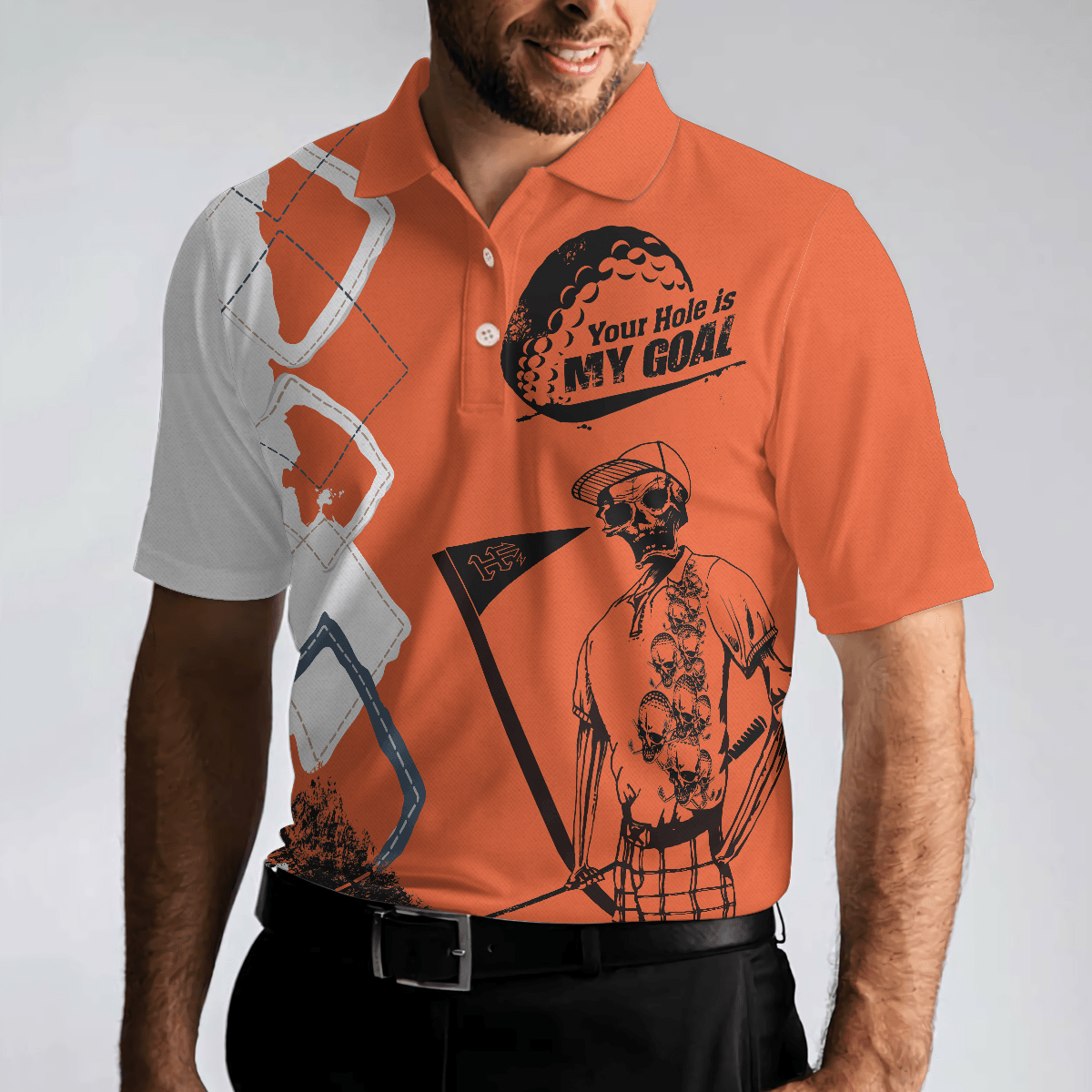 Golf Men Polo Shirts - Your Hole Is My Goal Orange Argyle Pattern Skeleton Golfer Men Polo Shirt - Perfect Gift For Men, Golfers, Golf Lover - Amzanimalsgift