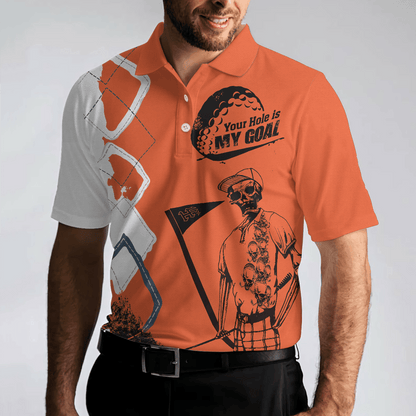 Golf Men Polo Shirts - Your Hole Is My Goal Orange Argyle Pattern Skeleton Golfer Men Polo Shirt - Perfect Gift For Men, Golfers, Golf Lover - Amzanimalsgift
