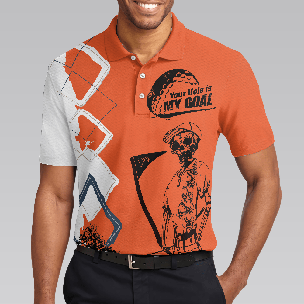 Golf Men Polo Shirts - Your Hole Is My Goal Orange Argyle Pattern Skeleton Golfer Men Polo Shirt - Perfect Gift For Men, Golfers, Golf Lover - Amzanimalsgift