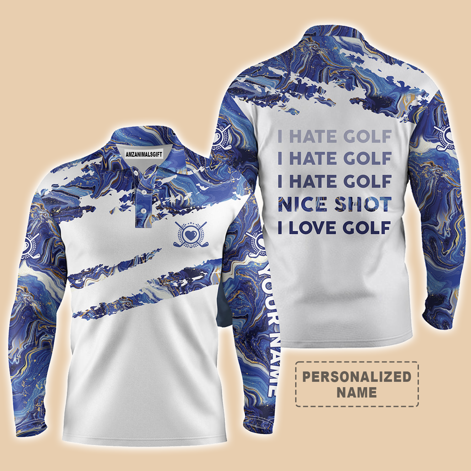 Golf Long Sleeve Polo Shirt For Men Customized Name Blue Pattern I Hate Golf Nice Shot I Love Golf Perfect Outfit For Golfers, Golf Lovers, Team