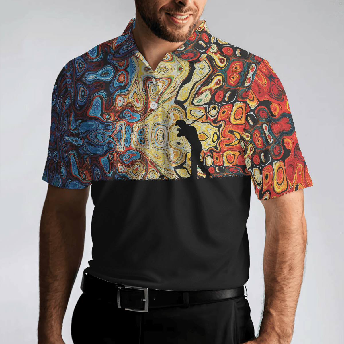 Golf Silhouette With Sky Wavy Abstract Seamless Pattern Men Polo Shirt, Black Golf Shirt For Men, Gift For Golf Lovers - Amzanimalsgift