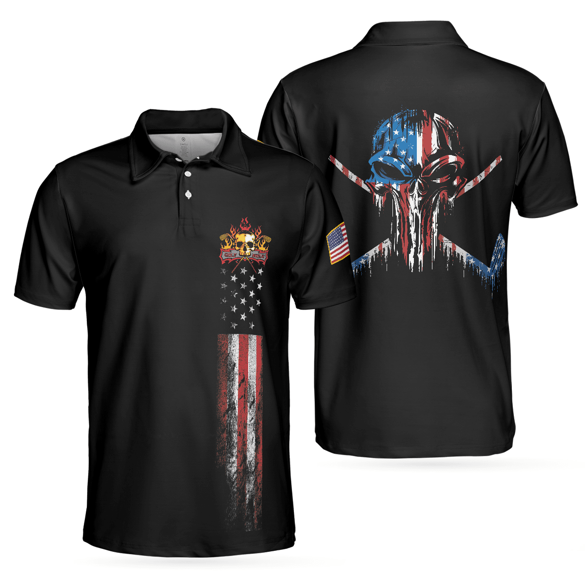 Golf Skull America Flag Men Polo Shirt, Wet Paint Black Polo Shirt, Best Golf Shirt For Men - Best Gift For Golf Lovers - Amzanimalsgift