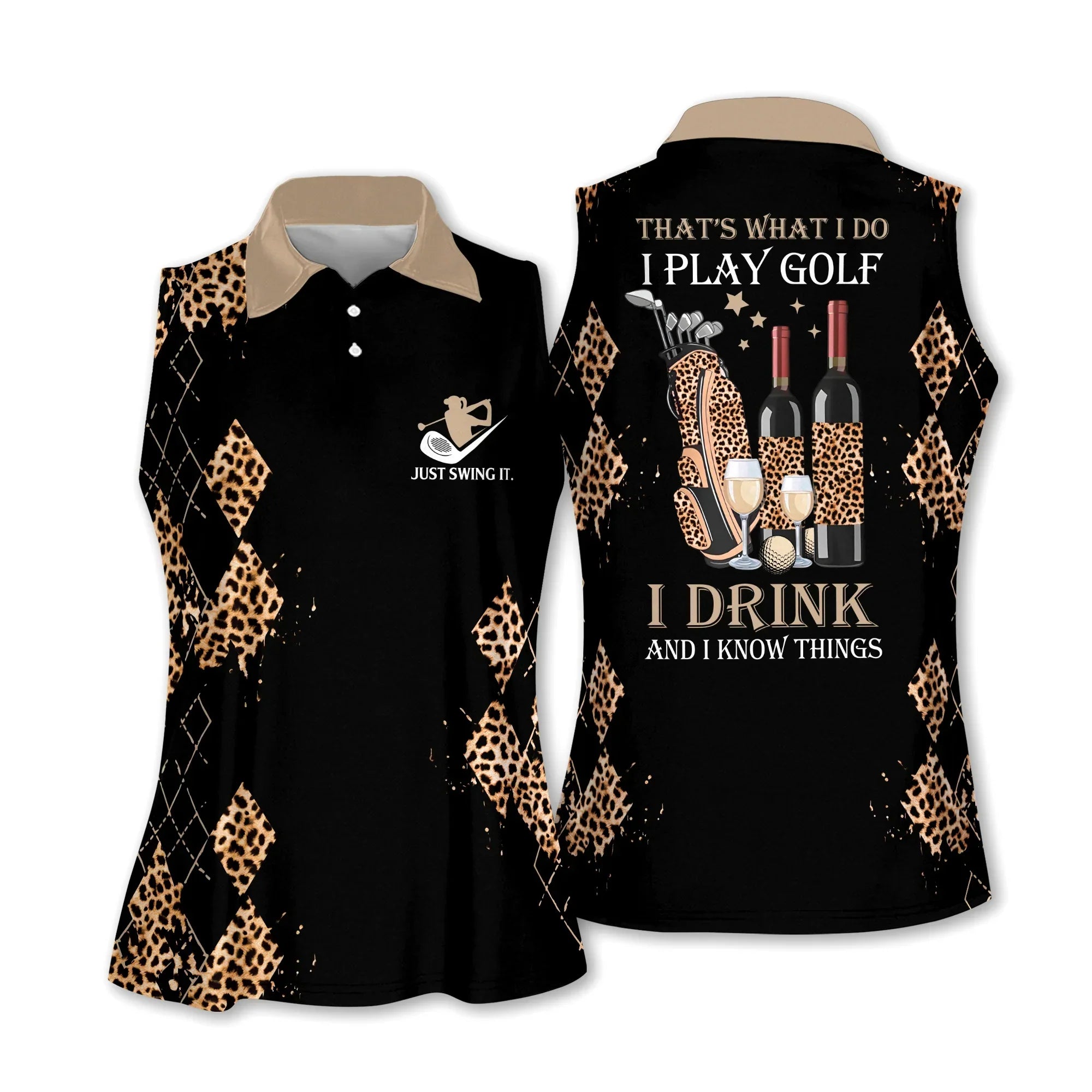 Golf Wine Leopard Pattern Women Polo Shirt, I Play Golf I Drink And I Know Things Women Polo Shirt - Gift For Mother's Day, Golfer, Female, Golf Lover - Amzanimalsgift